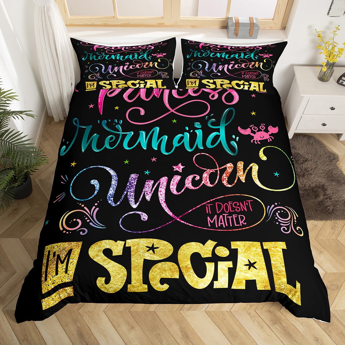 Princess Girls Mermaid Duvet Cover Kawaii Bedding Set King,Watercolor