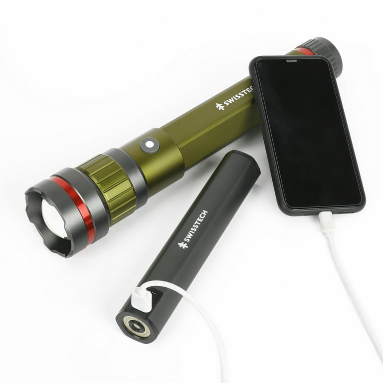 Swiss Tech 6500 Lumen LED Flashlight Rechargeable Dual Power AA/USB with  Charging Bank, IP67 Waterproof, Drop Resistant