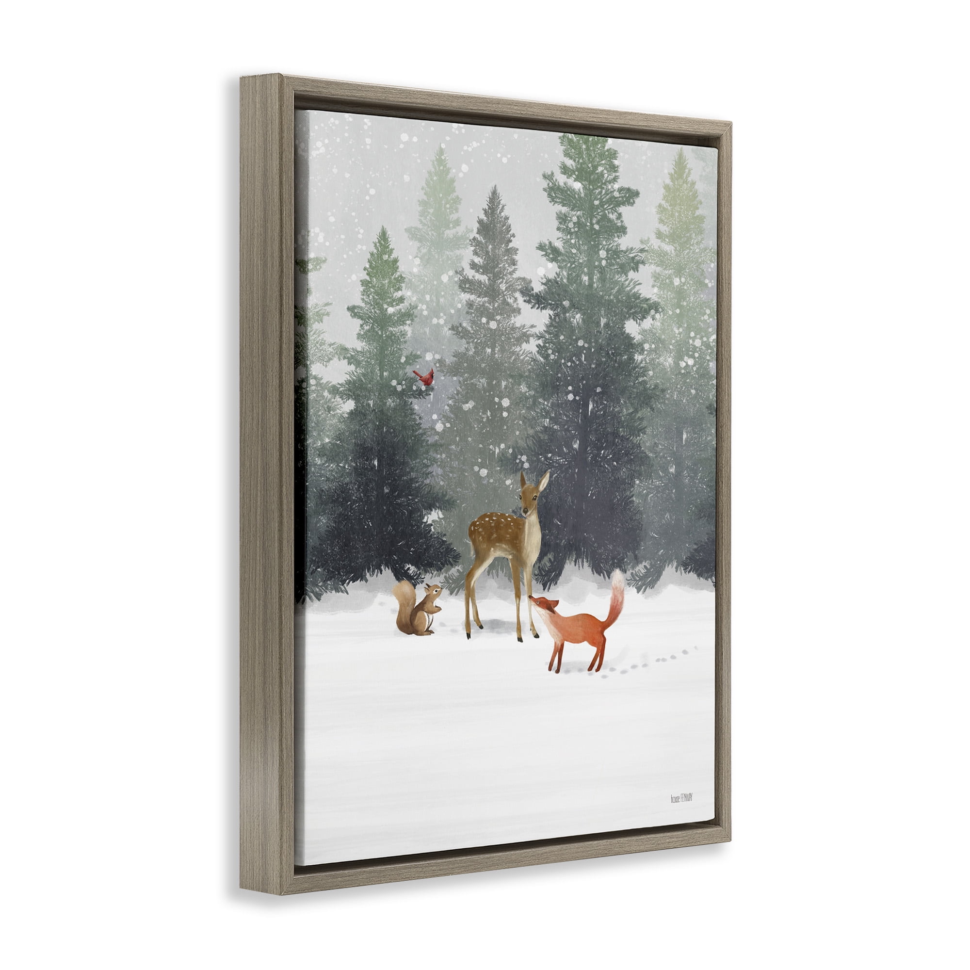 Stupell Industries Winter Season Forest Animals Holiday Painting Brown Floater Framed Canvas Art Print Wall Art, 25 x 31