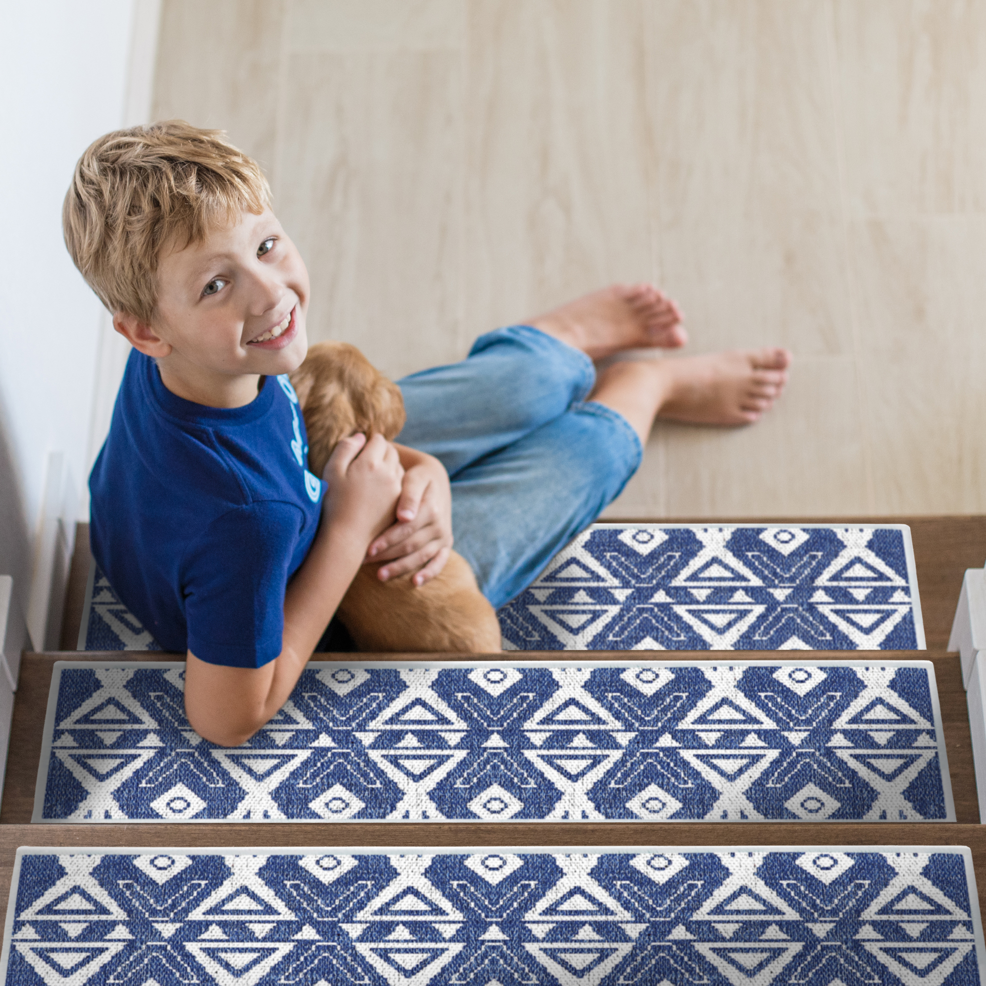 SussexHome Hairband Design 9" X 28" Stair Treads - 150 % Cotton Anti-Slip Carpet Strips for Indoor Stairs-Easy to Install Stair Treads with Double Adhesive Tape-Safe, Extra-Grip, 15-Pack-Navy