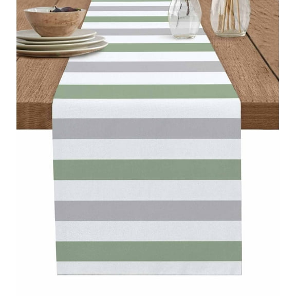Table Runner 72 Inches Long for Kitchen Dining, Sage Green Grey Stripe Dresser Scarf Farmhouse, Dining Table Decorations for Wedding/Parties, Modern Farmhouse Vertical Striped 13 x 72 In