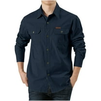 APEXFWDT Men's Workwear Shirt Long Sleeve Button-Up Shirt with 2 Front Flap Pockets for Outdoor Use and Everyday Wear,L,Dark Blue