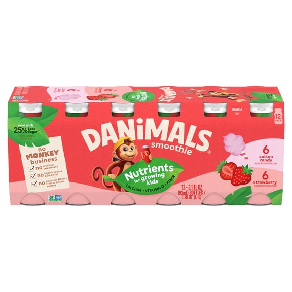 Danimals Smoothie Strawberry and Cotton Candy Low Fat Dairy Drink Smoothie Bottles Multi-Pack, 3.1 fl oz, 12 Count​