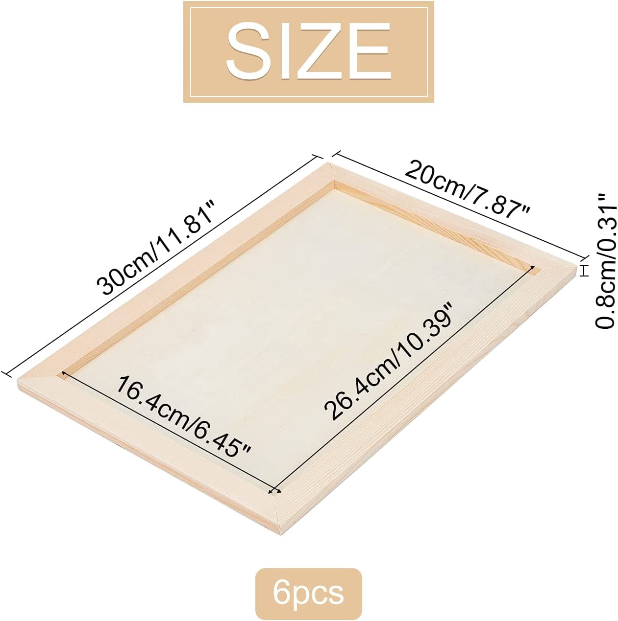 6pcs Wood Painting Canvas Panels Blank Drawing Boards for Oil & Acrylic Painting Rectangle BurlyWood 30x20x0.8cm Inner Diameter: 26.4x16.4cm