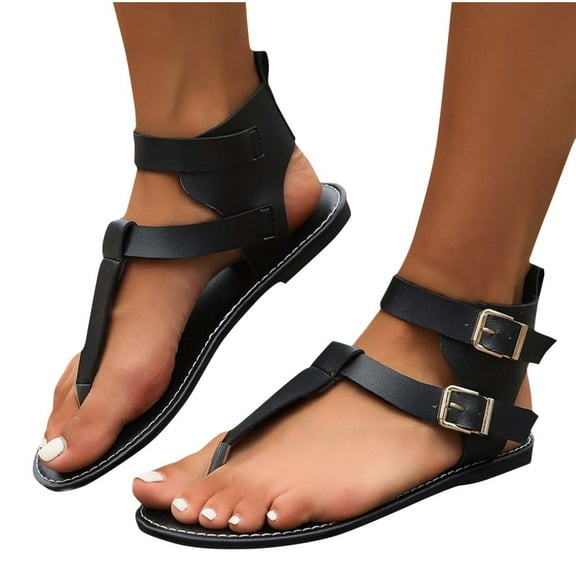 Xfvqtps Womens Flat Sandals Thong Ankle Double Buckle Straps Open Toe Non Slip Beach Summer Leather Sandals Black