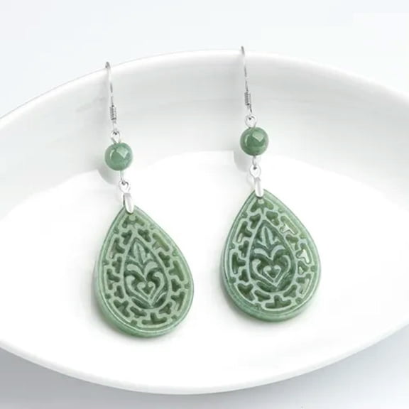 K-KED 925 Sterling Silver Natural A-Class Jade Hollow Carved Pendant Earrings