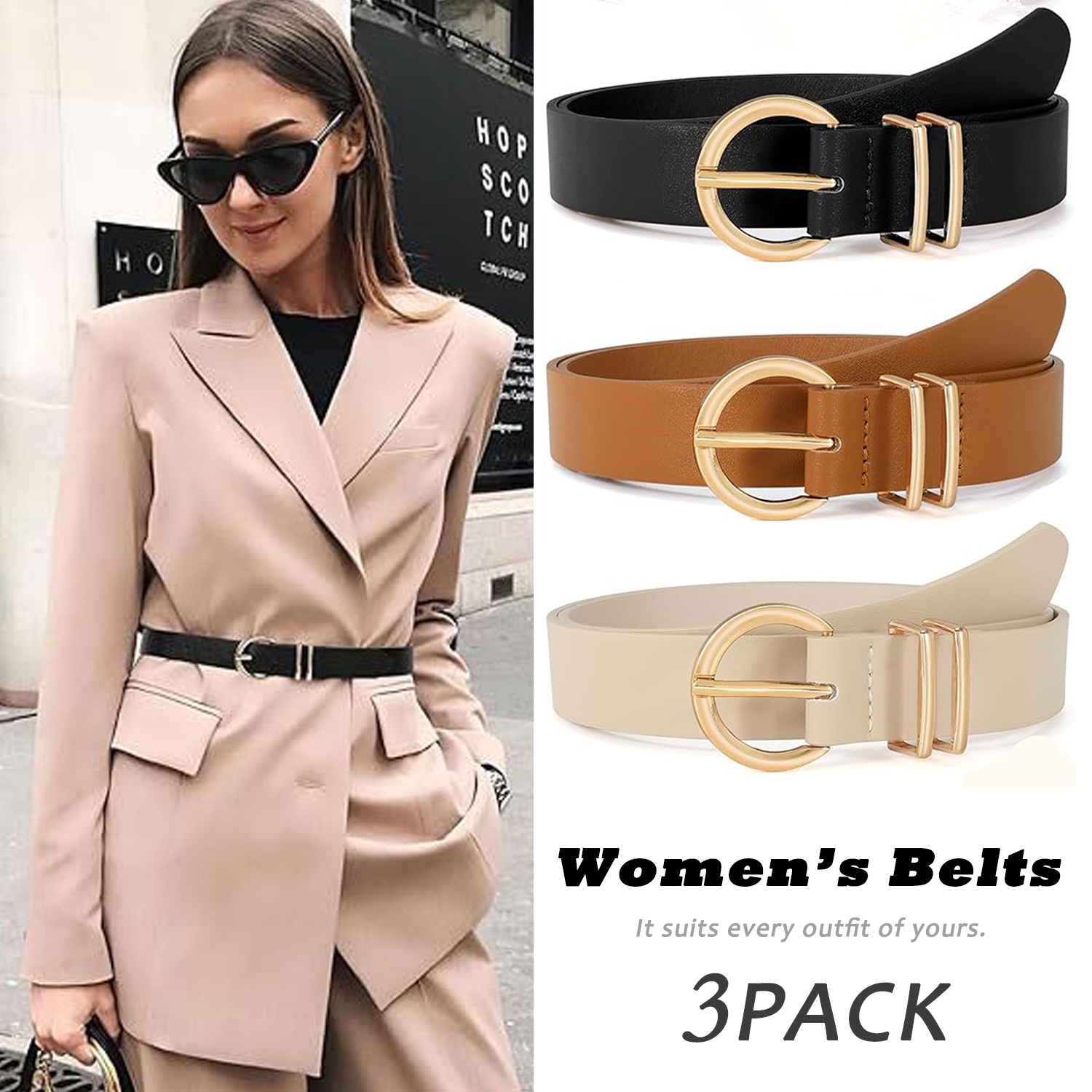 REDESS 3 Pack Women Leather Belts with Gold Buckle photo 4