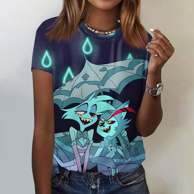 Hazbin Hotel Camiseta Manga Corta Cuello Redondo Estampada Moda Casual Mujer Azul/S