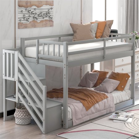 Solid Wood Low Bunk Bed with Stairs for Kids  Boys and Girls  Twin Over Twin Floor Bunk Bed Frame with Safety Guardrail  Shelves and Handrail  Storage Stairway Bed with Slat Support  Gray