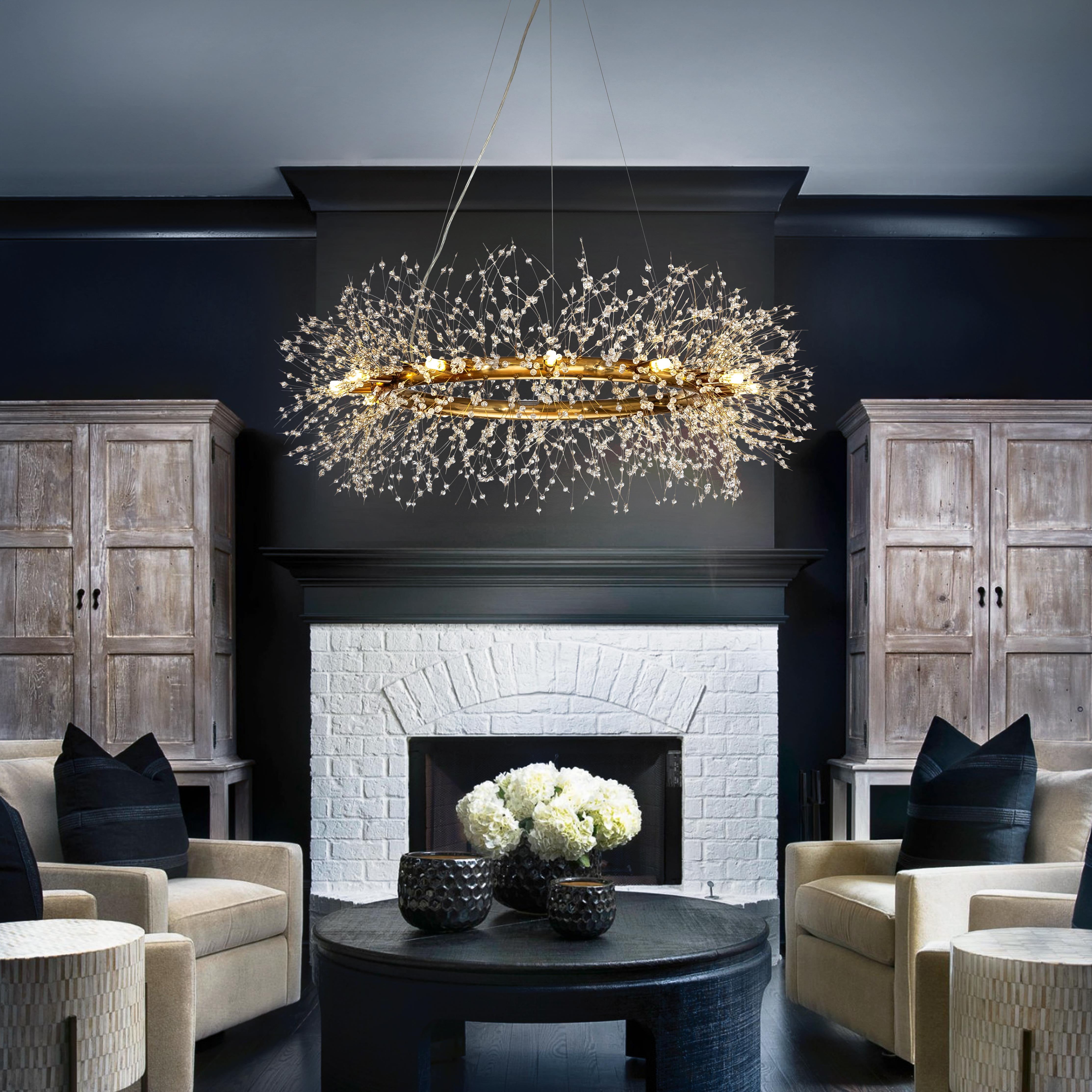 12-Lights Antique Brass Wagon Wheel Modern Crystal Firework Chandelier Glam Round Pendant Light Fixture for Dining Room or Living Room