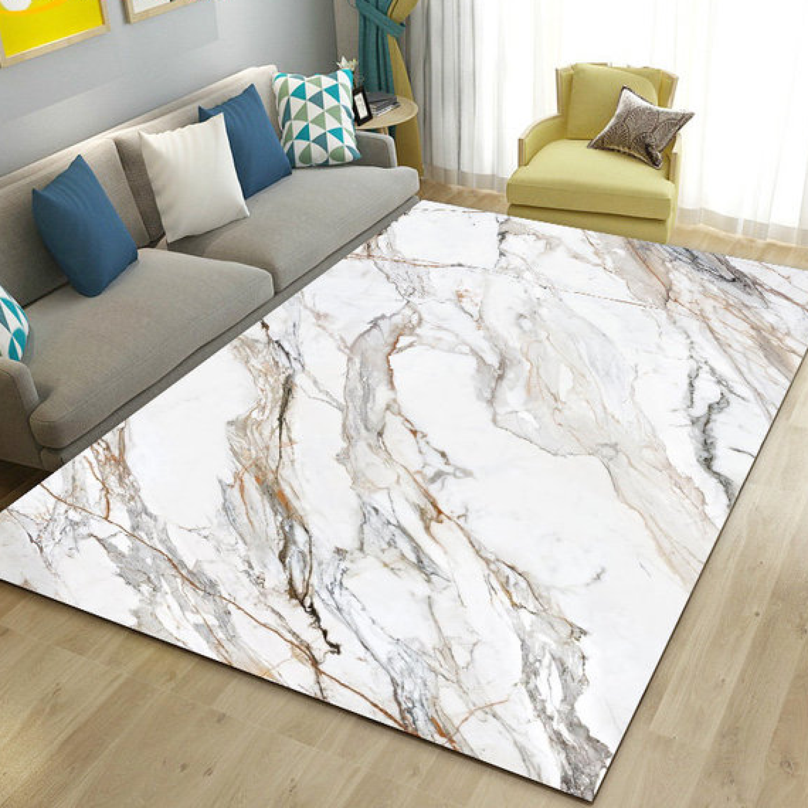 Marble Area Rug Soft White Gold Marble Rugs Floor Mat 3D Modern Printed