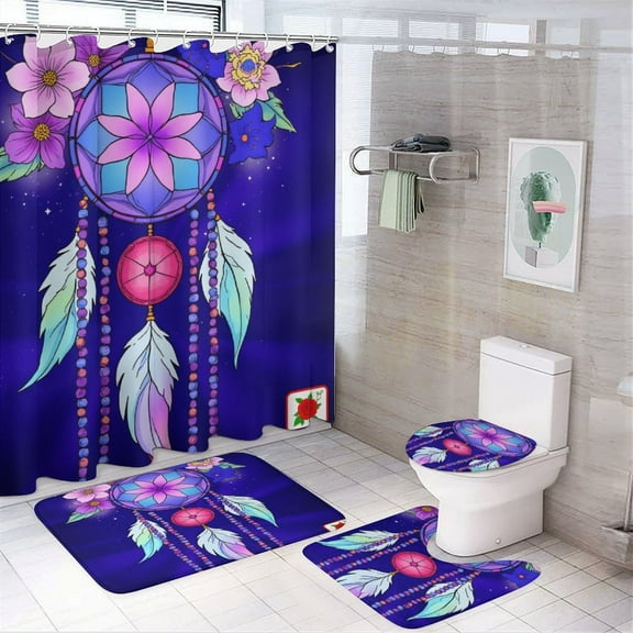 Dreamcatcher with Flowers And Feathers Shower Curtain Set Modern Bathroom Decor Mats 4pcs Fabric Bathroom Curtain Slip Floor Rug Toilet Lid