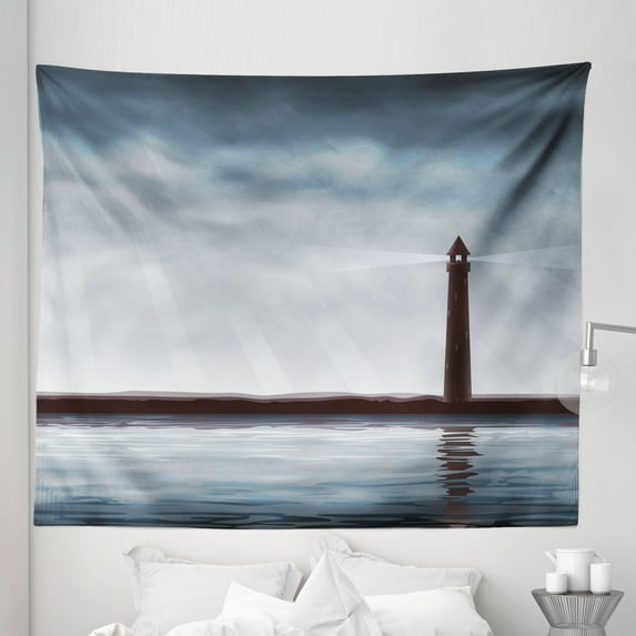 Lighthouse Tapestry, Foggy Atmosphere Marine Life Navigation Journey Seascape Digital Style, Fabric Wall Hanging Decor for Bedroom Living Room Dorm, 5 Sizes, Bluegrey Chocolate, by Ambesonne