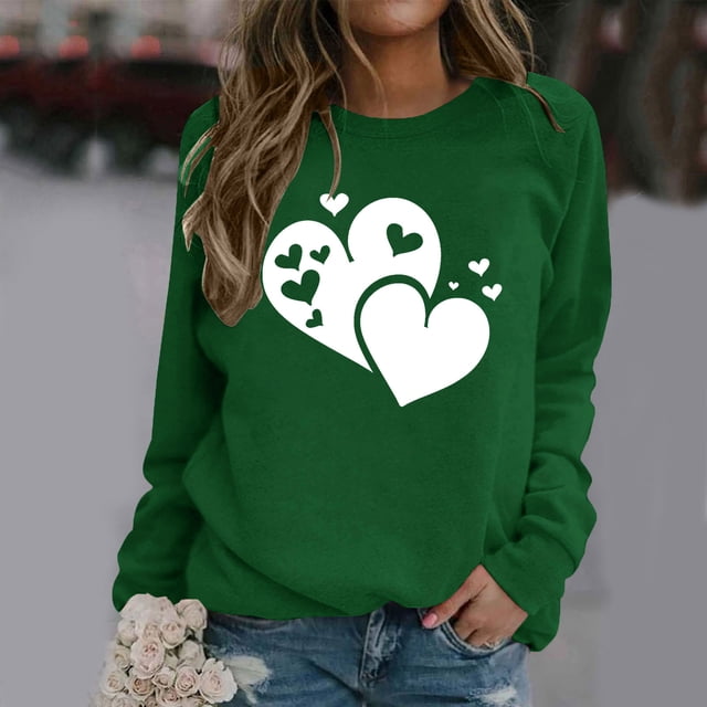 Fartey Chandail en Molleton Graphique Cœur d'Amour pour Femmes Doux Confortable à Manches Longues Pulls Décontractés Col Rond Tops de Vacances Mode Chandails en Molleton de la Saint-Valentin en Solde Vert