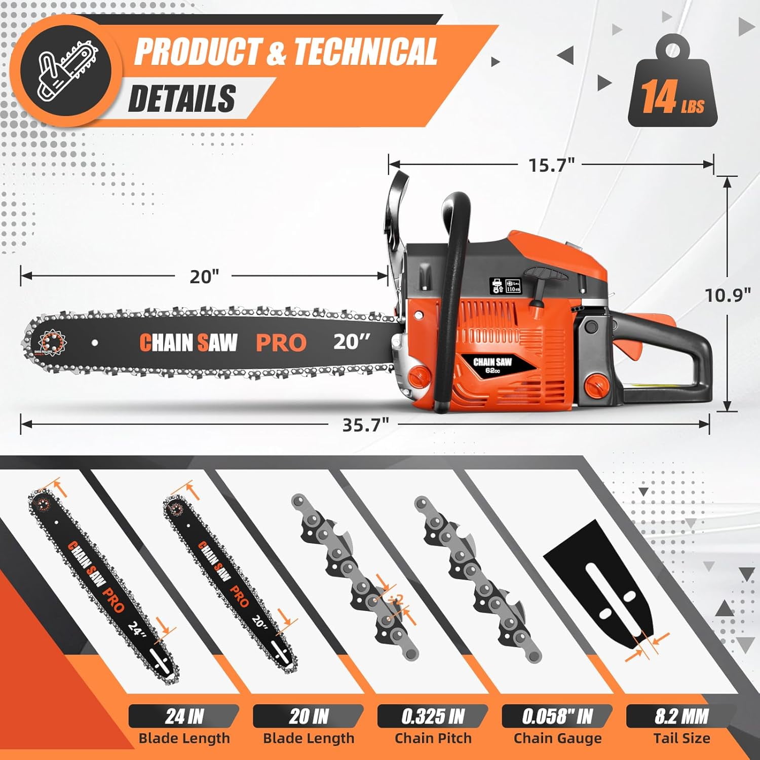 YOTREE 62CC Gas Chainsaw, Professional Chainsaw with 2-Stroke Engine, 20inch & 24inch Chain Saw Bar, Ergonomic Non-Slip Handle & Dual Fuel Tanks for Tree Wood Cutting