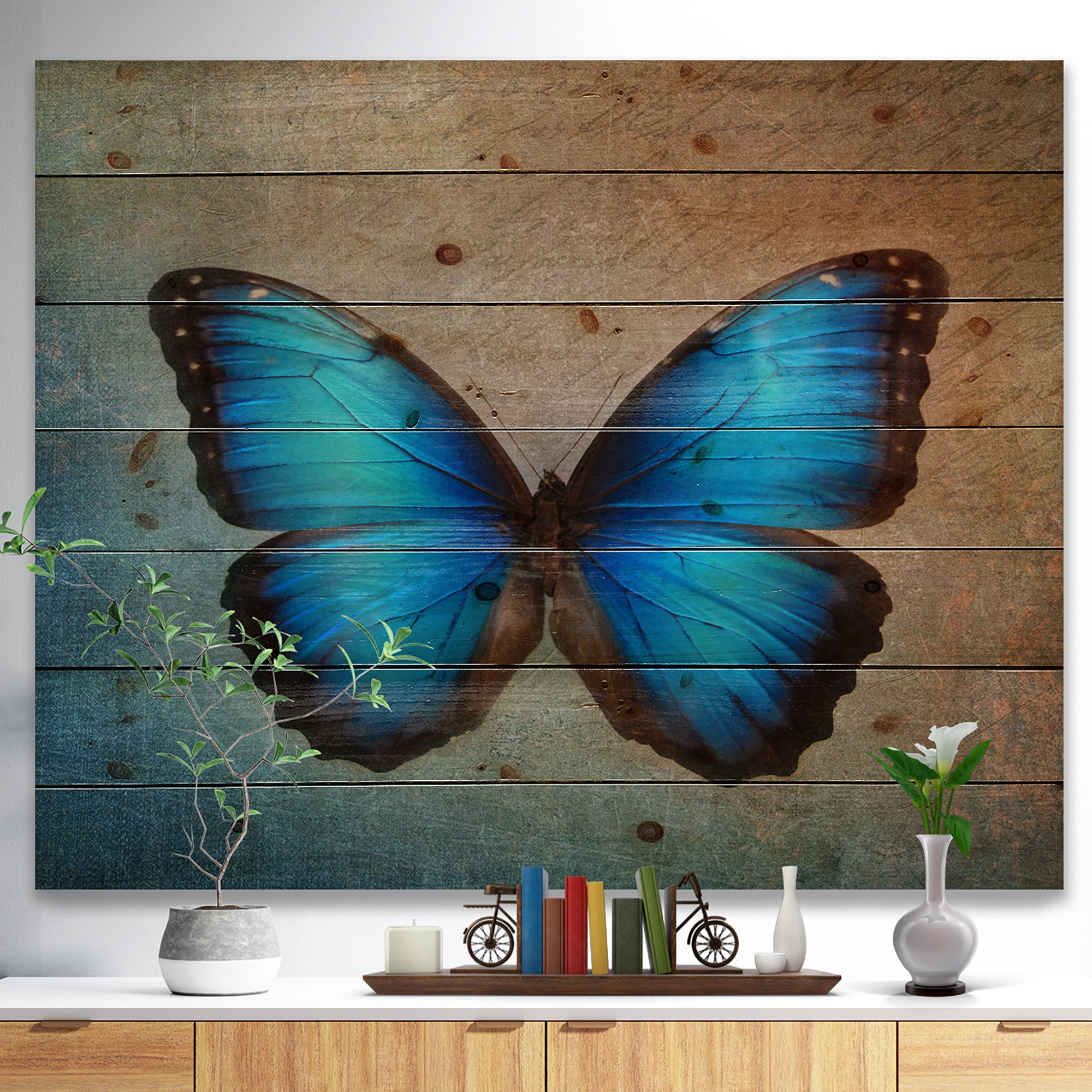 Designart 'Blue Vintage Butterfly' Floral Art Print on Natural Pine Wood