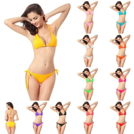 Kaioher Summer Women Halter Bandage Bikini Set Two-piece Solid Color Swimsuit Swimwear