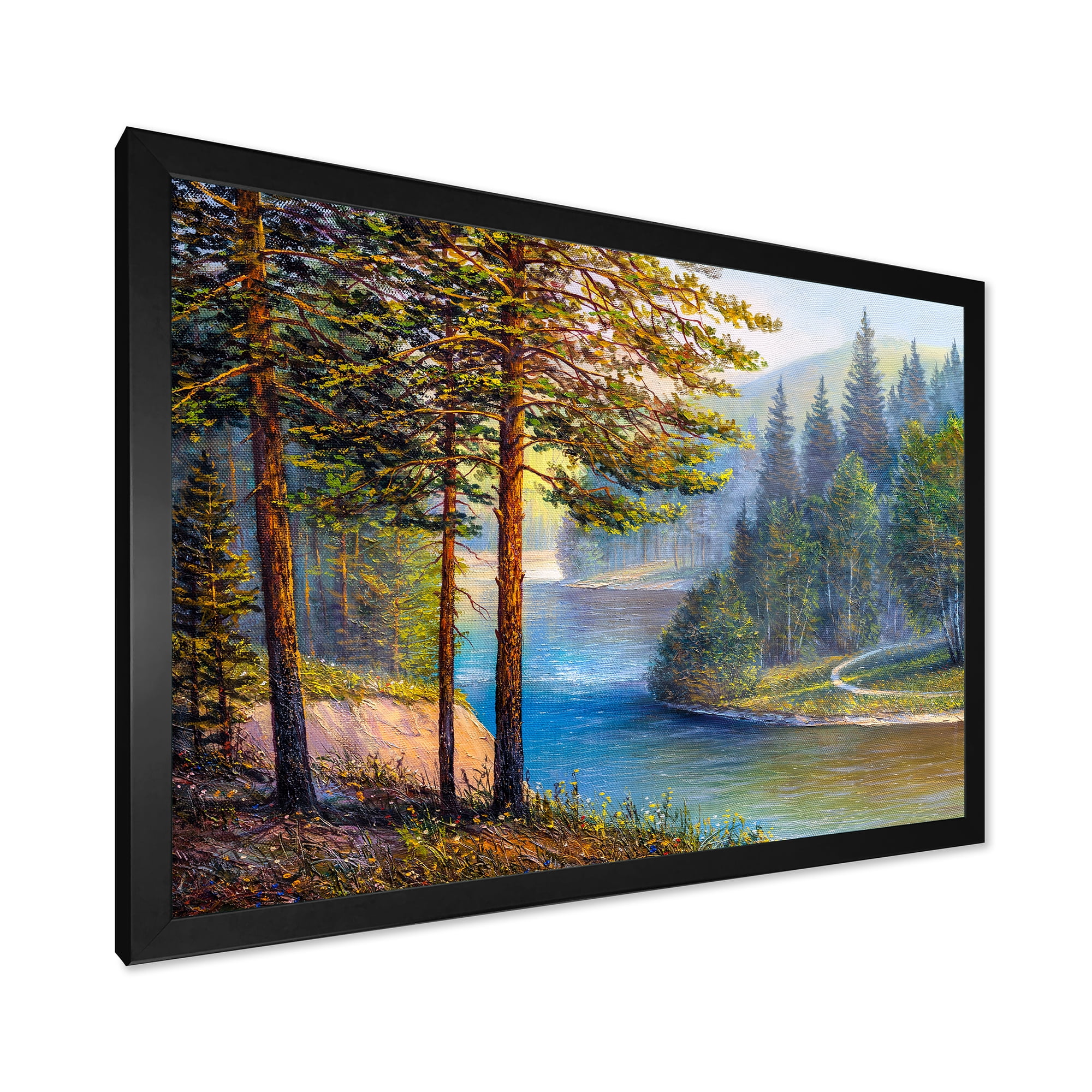 Designart 'Sunrise Glow Through The Pine & Fir Forest' Lake House Framed Art Print
