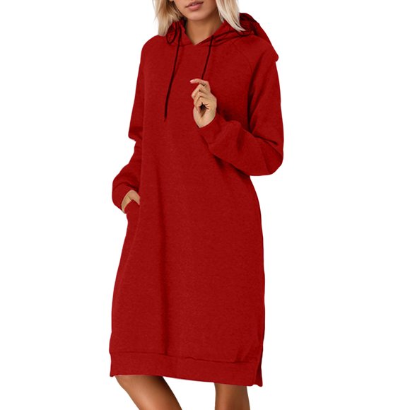 Fgnfyis Women's Casual Solid Color Hooded Sweater Dress Split Hem Long Sleeve Pullover Womens Sweatshirts for Daily Wear in Fall and Winter Red L