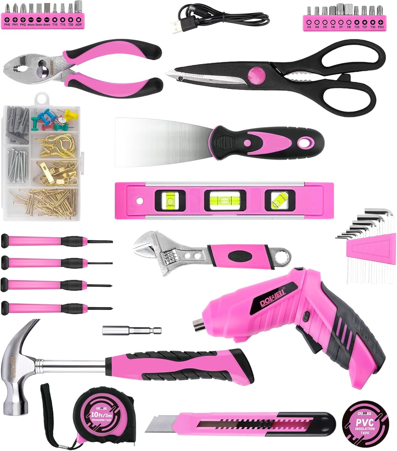 DOWELL 143-Piece Pink Homeowner Tool Set with 3.6V Cordless Screwdriver, Household Hand Tool Kit