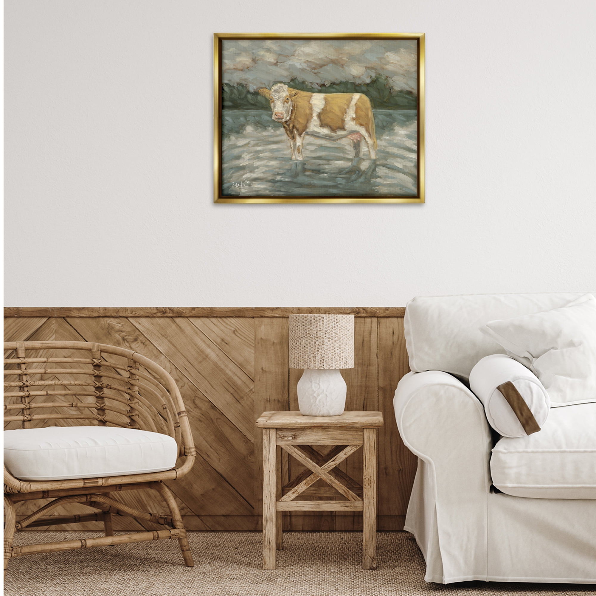 Stupell Industries Cattle Wading in Shore Animals Painting Gold Floater Framed Canvas Art Print Wall Art, 31 x 25
