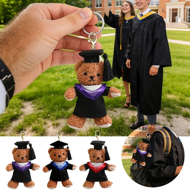 Fufafayo 3Pcs Graduation Teddy Bear Keychain, PhD Graduation Gift With Cap And Gown Stuffed Doll, Commencement Bear Decor For Backpack Purse College Graduate
