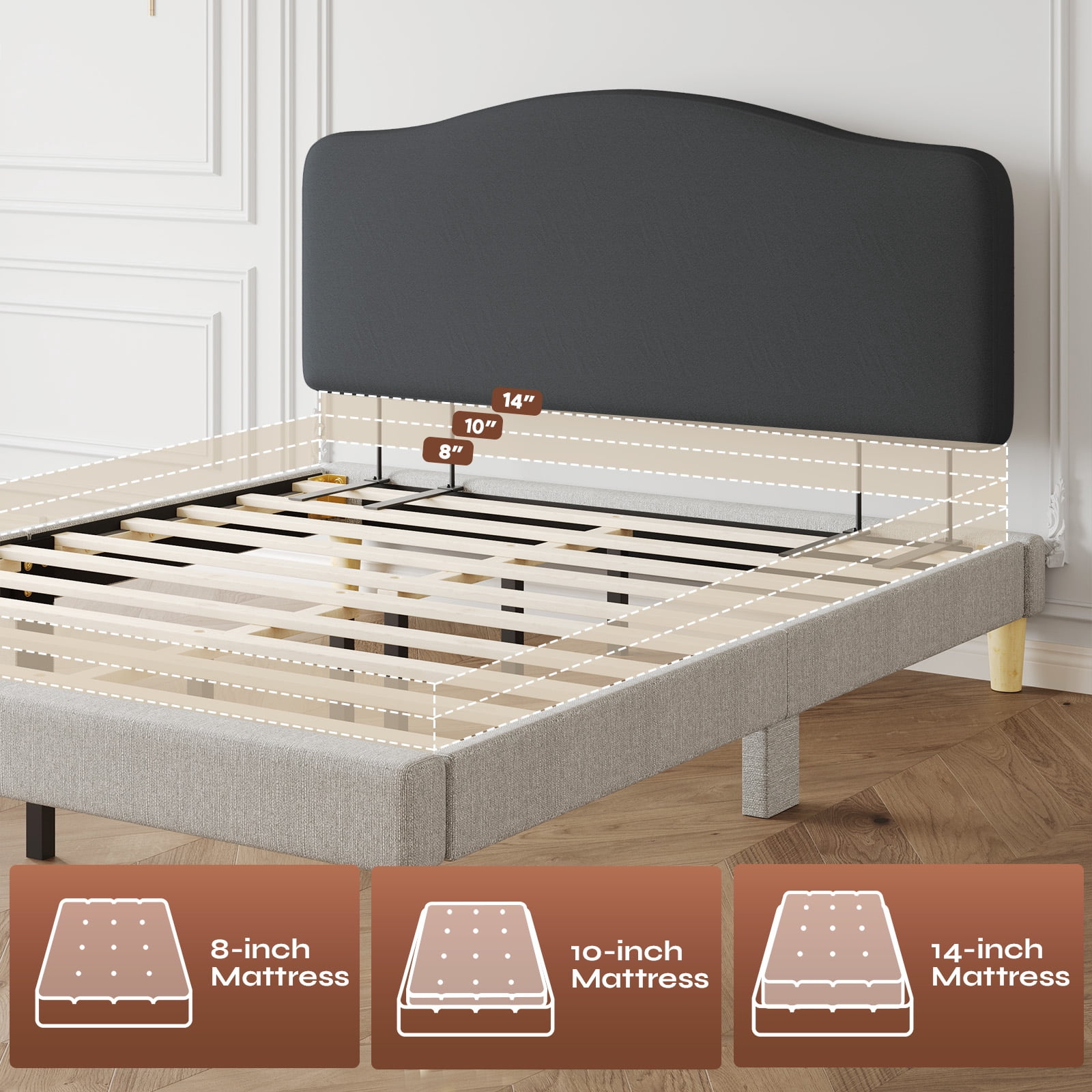 Pinmoco Upholstered Headboard for Full Bed, Height Adjustable and Memory Foam Arc-shaped Head Board, Gray
