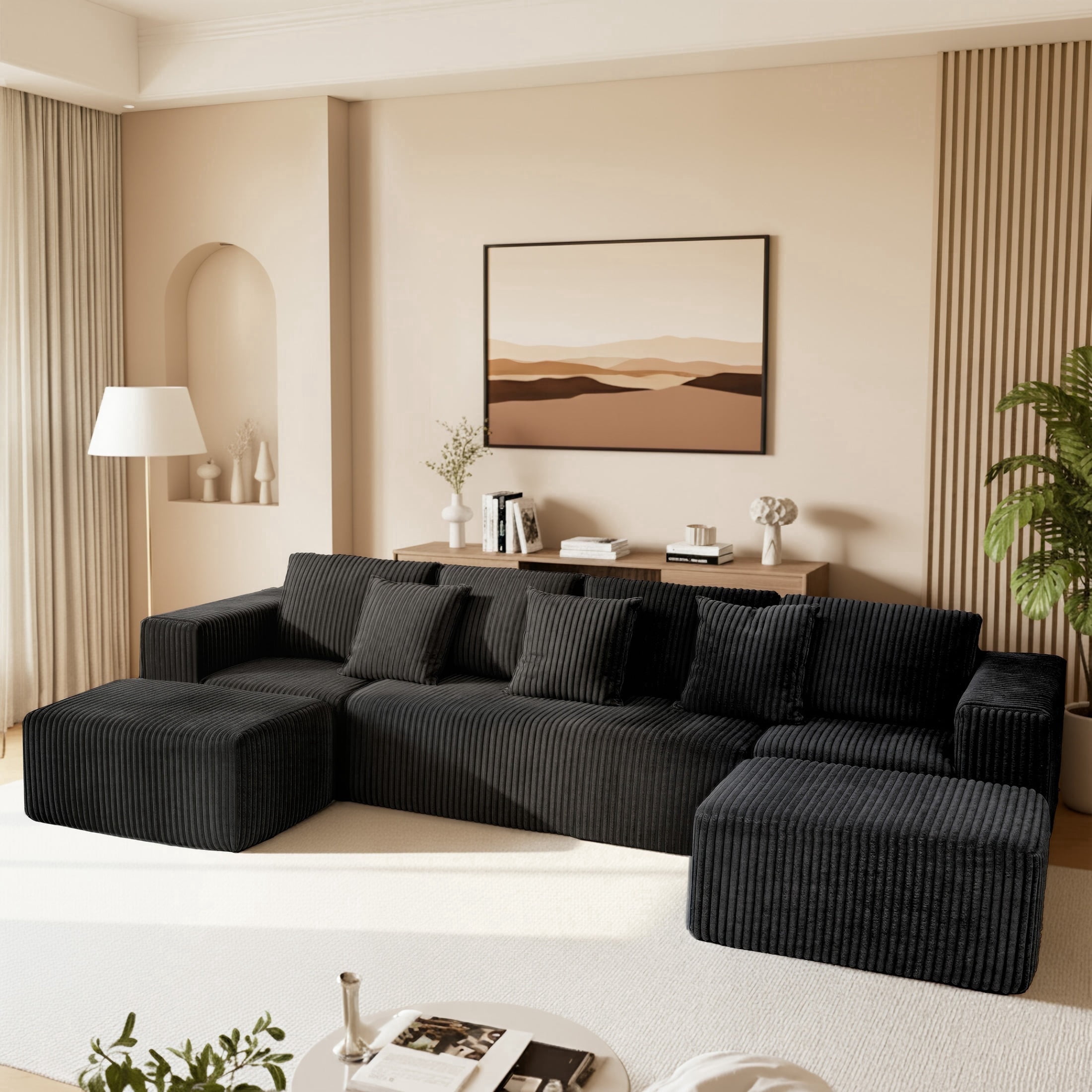 SEENYOO 132" Cloud Couch, U Shaped Sectional Couch, Striped Corduroy Modular 6-Seater Sofa for Living Room Bedroom, Reversible Chaise, Free Configuration, No Assembly, Black