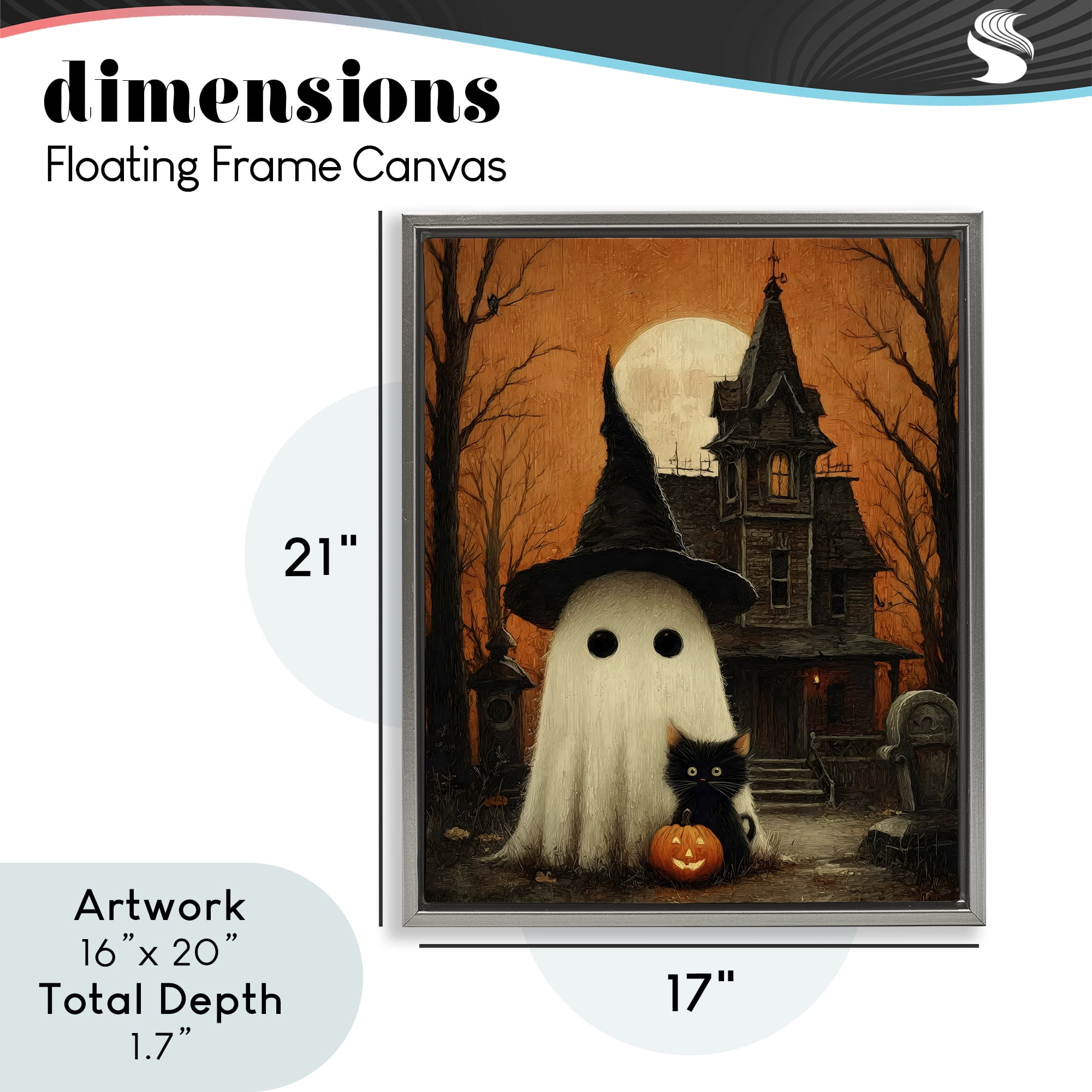 Cute Ghost & Haunted House Gray Framed Floater Canvas Wall Art, design by Arlington Prints