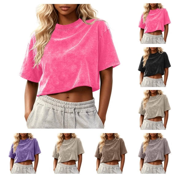 SAWOBUUN Women Crop Tops Acid Wash Short Sleeve T shirt Casual Trendy Comfy Y2K Summer Basic Tees