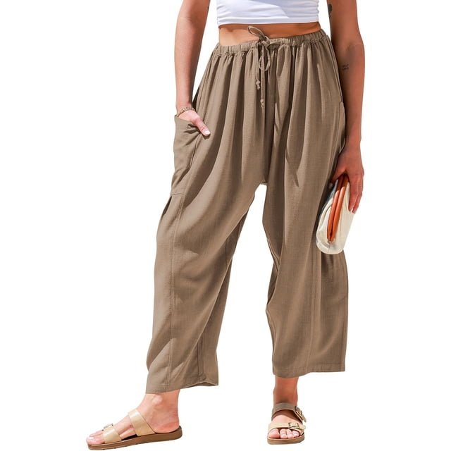 Pantalón ancho casual de lino para mujer TARSE, holgado, color café, talla L