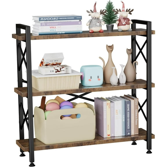 3 Tier Bookshelf 35.43" Width, Rustic Open 3 Shelf Short Bookcase with Metal Frame, Industrial Book Shelf for Home Office Bedroom Living Room (Rustic Brown)