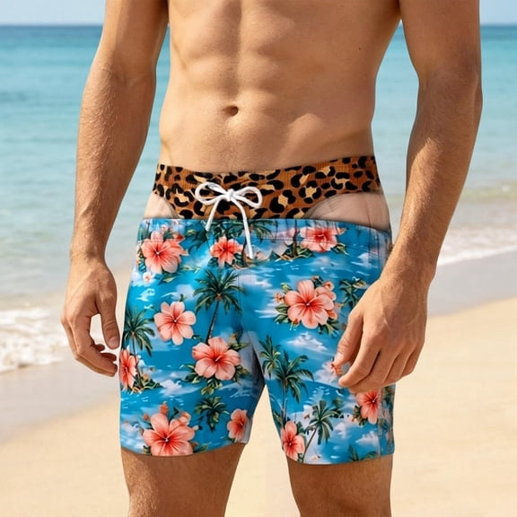 Mens Swim Trunks With Thong Print Leopard Fake 3d Graphic Hawaii Beach Shorts Boardshorts Gag Gift