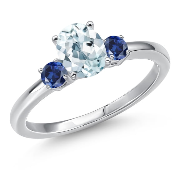Gem Stone King 14K White Gold Sky Blue Aquamarine and Blue Created Sapphire Engagement Ring for Women | 1.03 Cttw | Oval 7X5MM | Gemstone March Birthstone | Size 6
