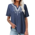 thumbnail image 2 of Dagegui Womens Short Sleeve Shirts Casual Mexican Embroidered T-Shirts Cotton Linen V Notch Neck Summer Blouses Boho Tunic Tops ZA Navy 2XL, 2 of 5