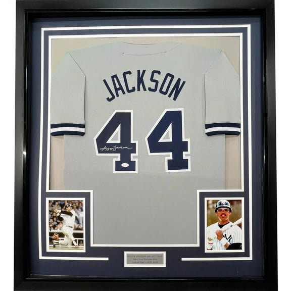 Framed Autographed/Signed Reggie Jackson 35x39 New York Grey Baseball Jersey JSA COA