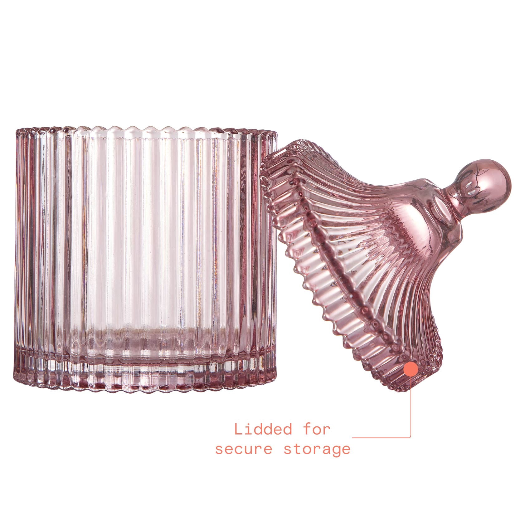 Beautiful Contemporary Rose Ribbed Glass Lidded Decorative Jar by Drew Barrymore, 4.09" L x 6.69" H