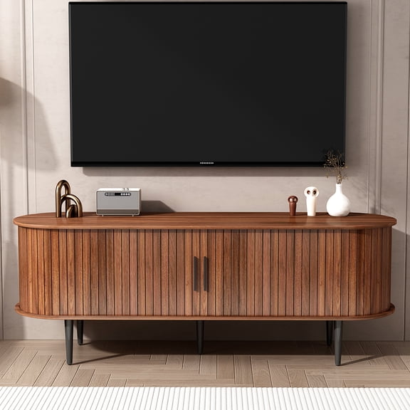 NYBOPAVIS 55" TV Stand for 60" TV, Wood Entertainment Center with Storage and Sliding Tambour Doors, Mid Century Modern TV Stand for Living Room, Walnut