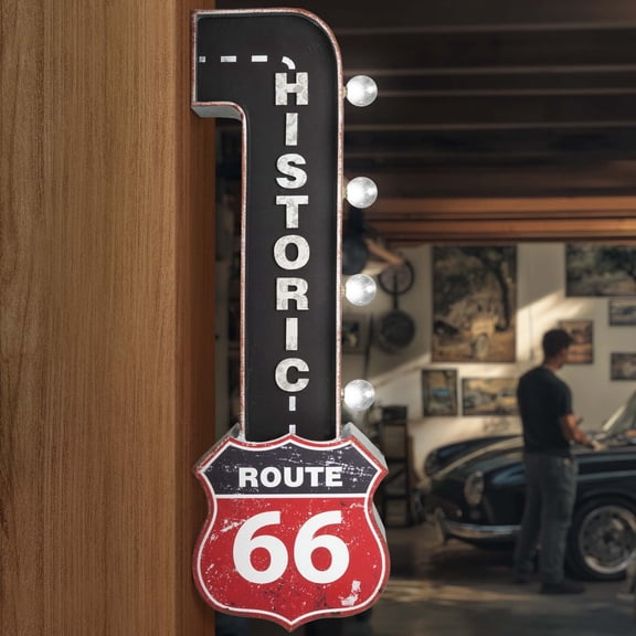 Vintage Route 66 LED Marquee Wall Decor - Battery Operated Metal Wall Art With LED Light Bulbs - Retro Sign for Bar, Man Cave, Garage, Game Room & More