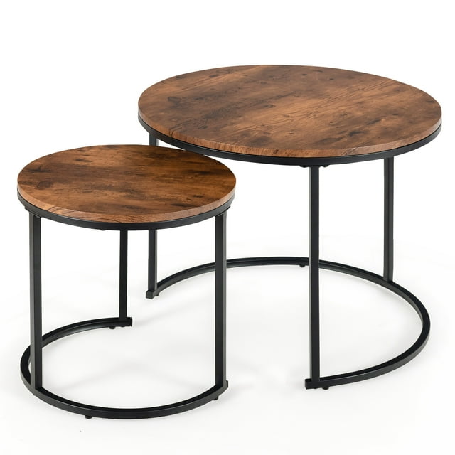 Topbuy 2 Pcs Pattes Métalliques Empilables Modernes Table Basse Ronde Gigogne avec Plateau en Bois pour Salon Brun Rustique