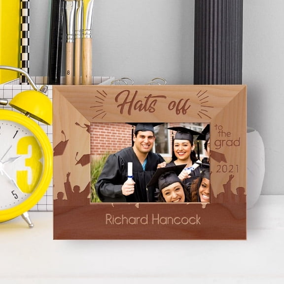 Graduation Hats Off Personalized Wooden Frame-5" x 3 1/2" Brown Horizontal