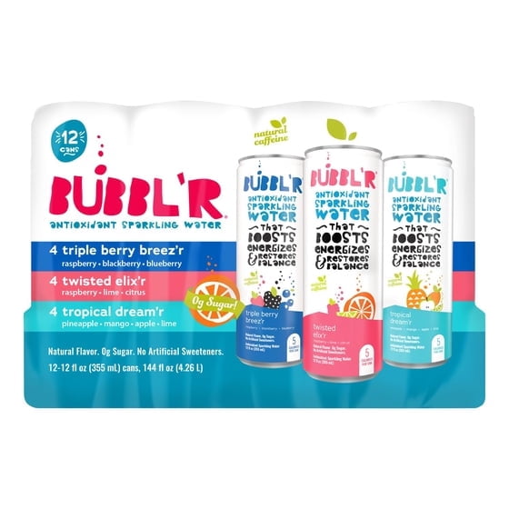 Bubblr Antioxidant Sparkling Water - triple berry breez'r ,twisted elix'r, tropical dream'r - Variety Pack, 0 Suger, 69 Mg Caffine, Sparkling Water 12 Fl Oz (Pack Of 12) (Packaging may Vary)