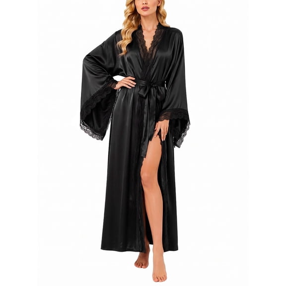 Womens Robe, AMITOFO Silky Satin Kimono Robe for Women with Lace Trim Long Lightweight Floor-Length Elegant Getting Ready Robe for Bride, Black