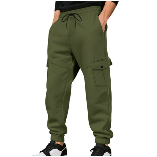 Fleece Joggers Men Thermal Winter Warm Running Track Pants Solid Color Sweatpants Multi Pocket Drawstring Waist Elastic Leg Binding Athletic Lounge Cold Weather Fleece Lined