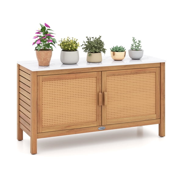 Gymax Outdoor Acacia Wood Storage Cabinet Outside Tool Cabinet with Fax Marble Top
