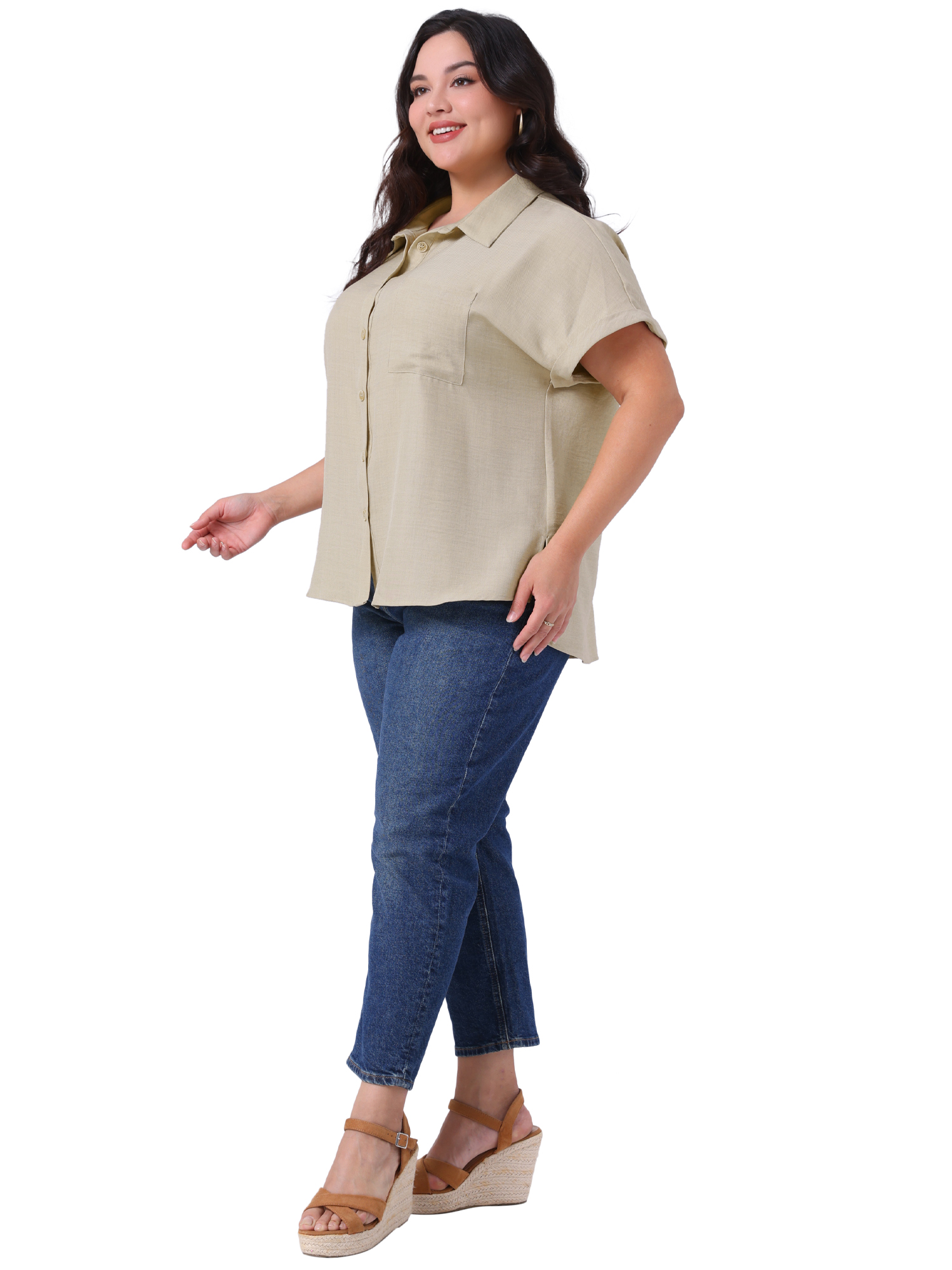 DARING DIVA Women's Plus Size Button Down Short Sleeve Blouses 4X Beige