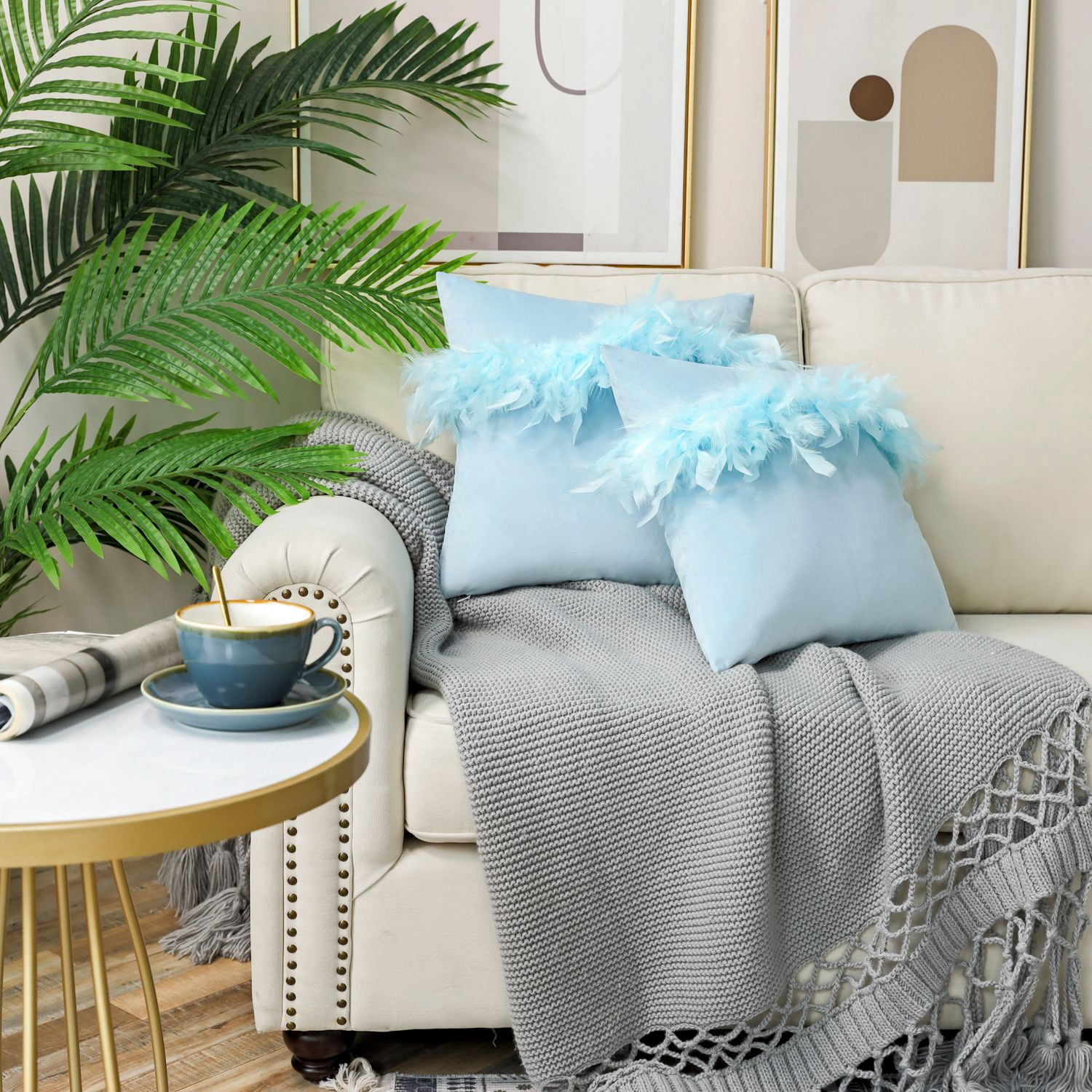 Phantoscope Feather Velvet Decorative Throw Pillow, 18 x 18 in, Light Blue, 1 Pack
