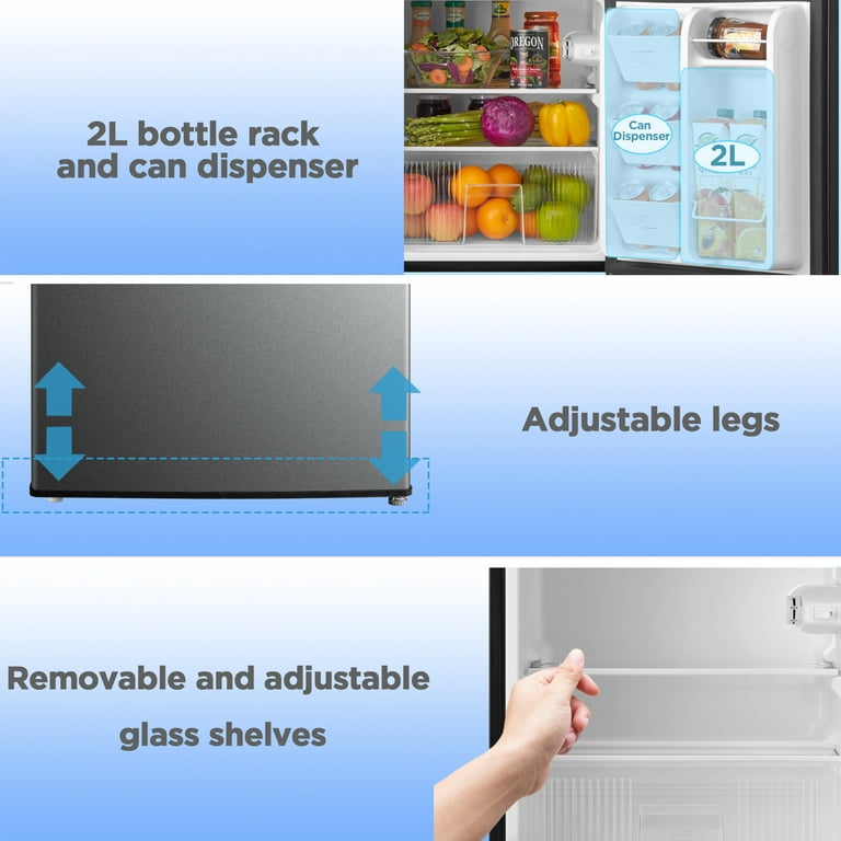 KOTEK 3.2 Cu.Ft Mini Fridge with Freezer, Silver Compact  Refrigerator/Freezer with Reversible 2 Doors, 5 Level Adjustable  Thermostat, & Removable