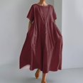thumbnail image 1 of EvenHe Liquidation Robe d'Été pour Femmes Couleur Unie Col Rond Manches Courtes Ourlet Ample avec Poches Vin L, 1 of 5