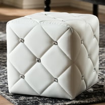 Homestock Tribal Treasures White Faux Leather Upholstered Ottoman, Square Ottaman, Button Tufted Design, Foam Padded, 13.78"D X 13.78"W X 13.78"H
